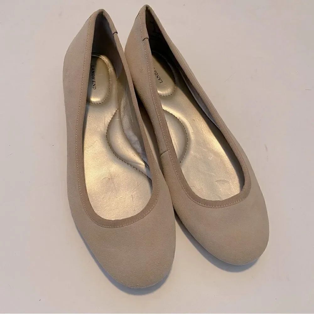 Lands End Beige tan neutra leather suede Emma classic flats woman’s -8